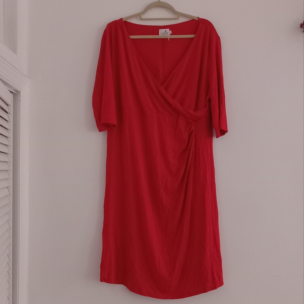 Lotis Red Faux Wrap 3/4 Sleeve Dress Plus Size 1X